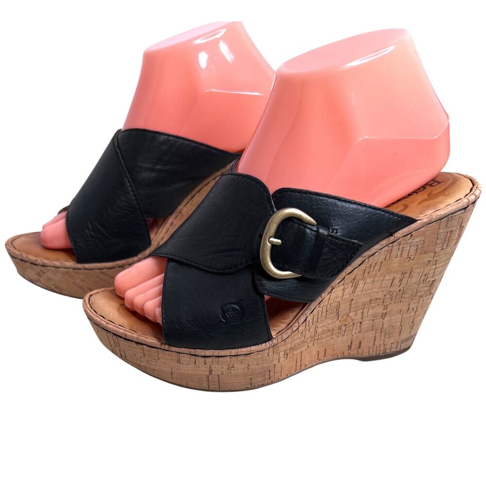Born Leather Wedge Sandal Cork Platform Cross Strap & Buckle in Black Womens 9M - Picture 4 of 13